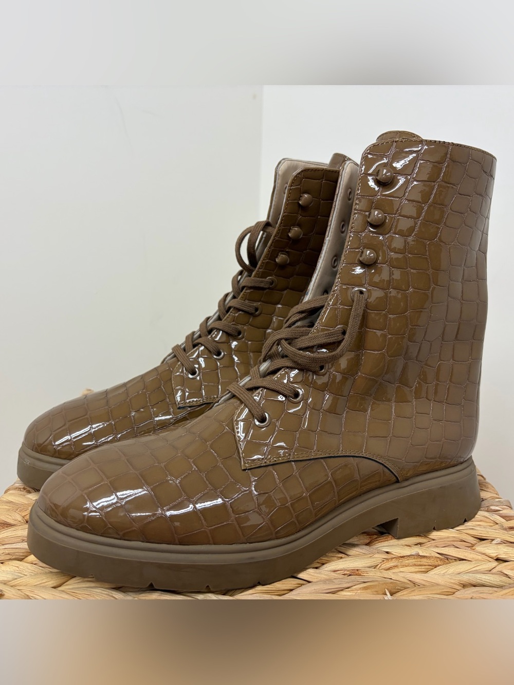 Stuart Weitzman Croc-Embossed Glossy Lace-Up Ankle Boots in Brown